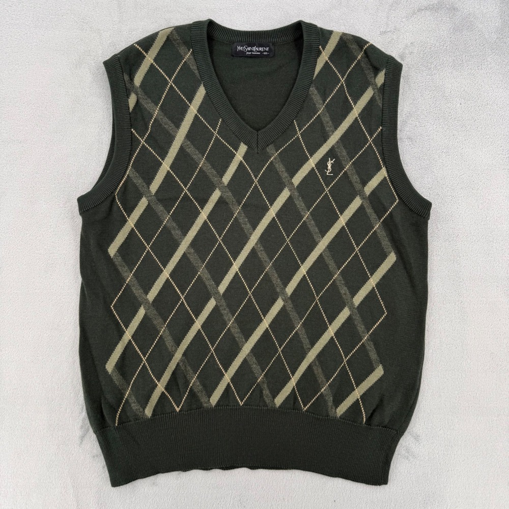 Yves Saint Laurent Pour Homme Mens Large 105 Green Argyle V-Neck Sweater Vest